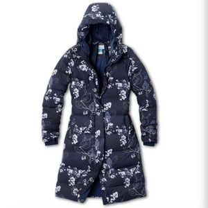 NWT Columbia Boundless Days Floral Printed Long Down Puffer Jacket Navy Large